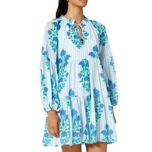 Oliphant Jaipur Blue Stripe Balloon Long Sleeve Pullover Mini Dress Size XXS